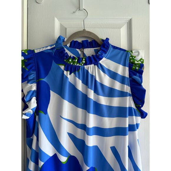 Jude Connally Blue Sleeveless Tropical Floral Print Dress Made in US Size XL - Picture 3 of 6